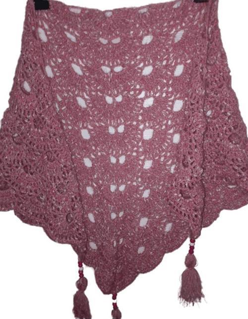 El Örgüsü Püskül Boncuk Detaylı Pembe Kırçıllı Orta Boy Tiftik Şal