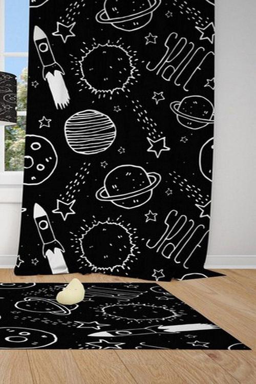1 Kanat Güneş Sistemi, Gezegenler Yıldız, Uzay Mekiği Çocuk Bebek Odası Perdesi Fon Perde