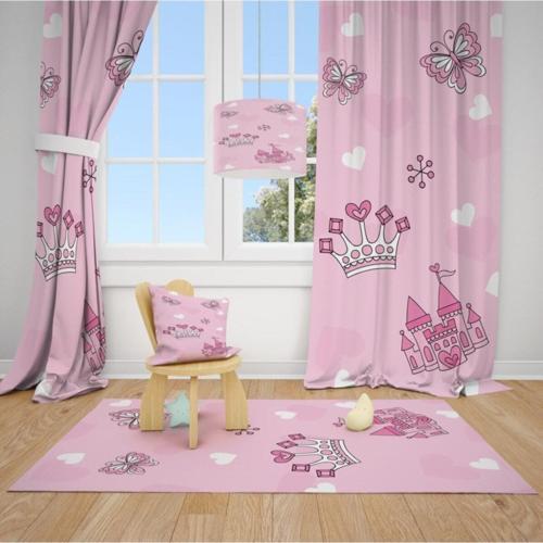 2 Kanat Pembe Zemin,taç,şato,kalp Çocuk Bebek Odası Perdesi Fon Perde