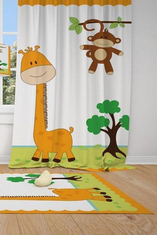 1 Kanat Cici Halı Zürafa Ve Maymun Çocuk Bebek Odası Fon Perde