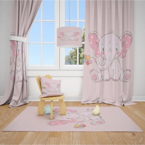 2 Kanat Oturan Sevimli Fil Ve Çiçek Çocuk Bebek Odası Perdesi Fon Perde