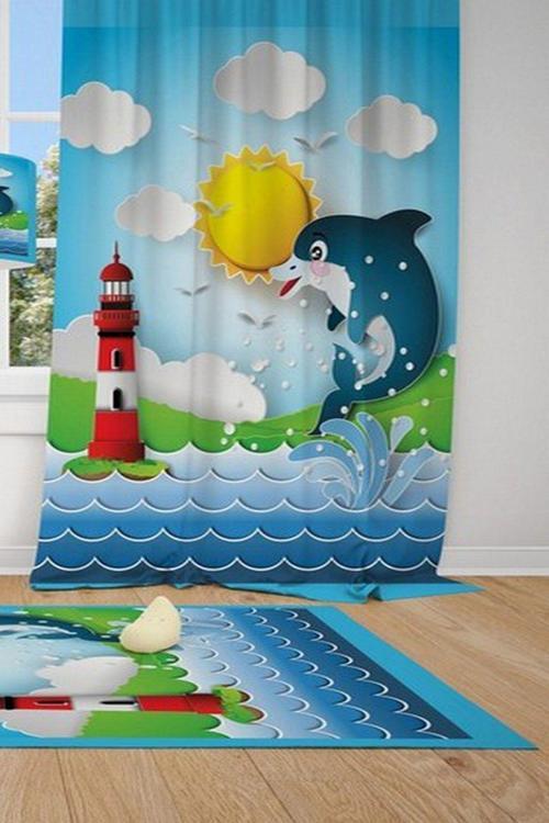 1 Kanat Yunus Balığı, Sarı Güneş, Beyaz Bulut, Deniz Feneri Çocuk Bebek Odası Perdesi Fon Perde
