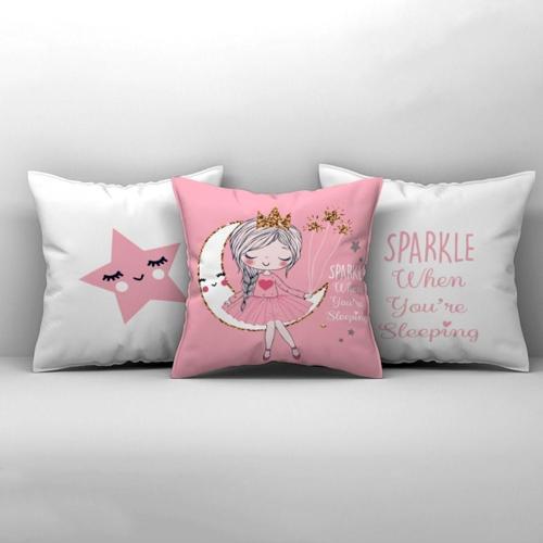 Çocuk Bebek Odası Kırlent Kılıfı Serpme Yıldızlı Ayda Uyuyan Aykız