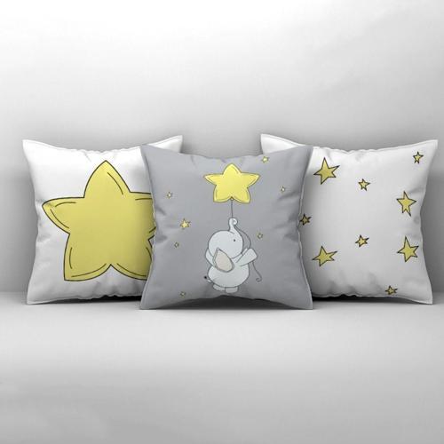 Çocuk Bebek Odası Kırlent Kılıfı Sarı Yıldız tutan Fil