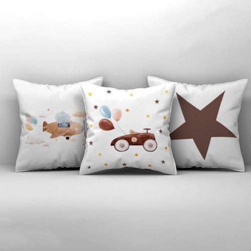 Çocuk Bebek Odası Kırlent Kılıfı Tahta Araba Balonlu ve Yıldızlı