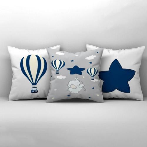 Çocuk Bebek Odası Kırlent Kılıfı Mavi Yıldız Tutan Fil Yıldız Uçan Balon