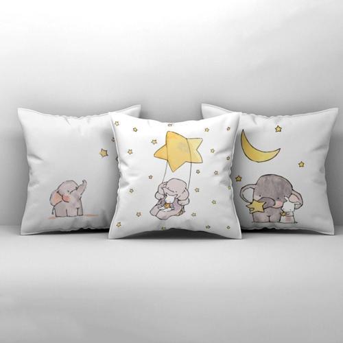 Çocuk Bebek Odası Kırlent Kılıfı Sarı Yıldızlı Fil ve Tavşan Arkadaşlar