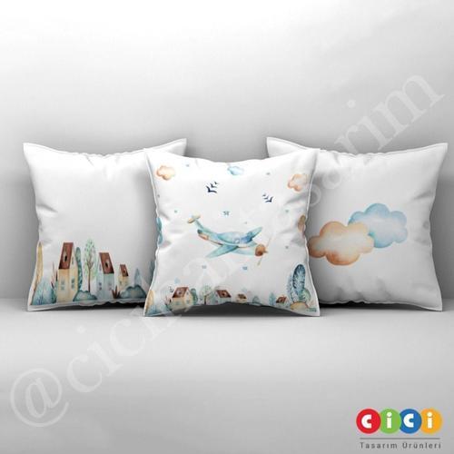 Çocuk Bebek Odası Kırlent Kılıfı Sulu Boya Tayyare Bulutlu