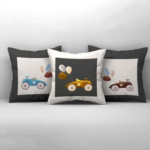 Çocuk Bebek Odası Kırlent Kılıfı Renkli Balonlu Tahta Arabalar