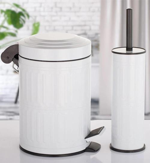  Pedallı Çöp Kovası Tuvalet Wc Fırçası Banyo Çöp Kovası 2'li Banyo Seti 5 Litre Beyaz Vintage     