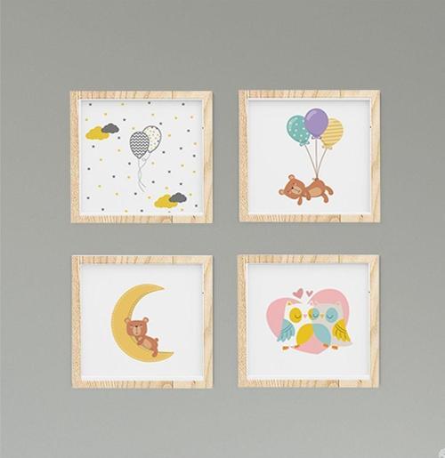 Çocuk Bebek Odası Tablo Sarı Gri Yıldızlı Balon ve Bulut