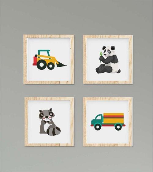 Çocuk Bebek Odası Tablo Panda İnşaat Arabaları