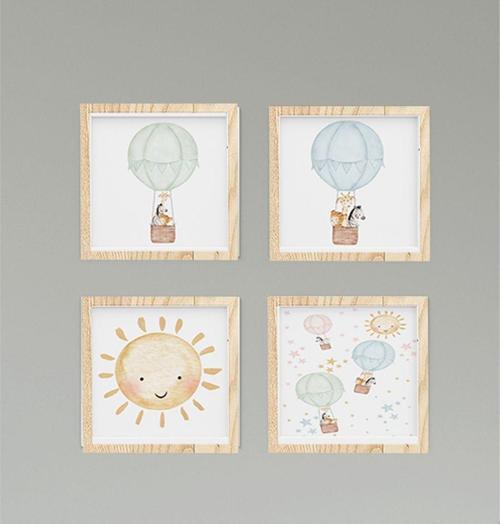 Çocuk Bebek Odası Tablo Güneşli Uçan Balon Sevimli Hayvanlar