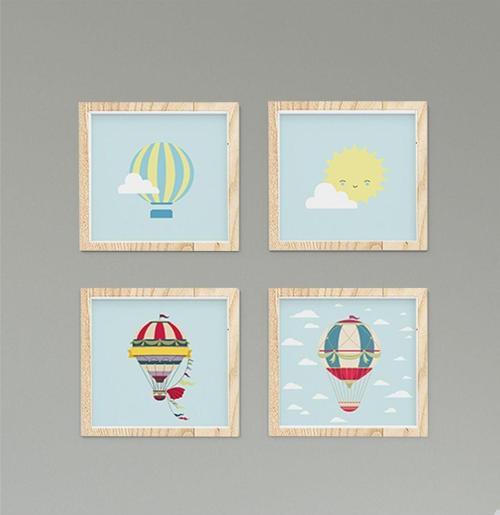Çocuk Bebek Odası Tablo Bulutlu Güneşli Uçan Balon