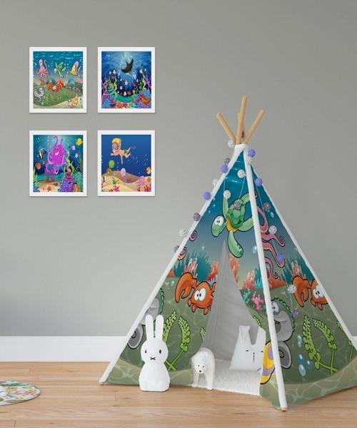 Denizaltı Balıklar Kızılderili Minderli Çocuk Oyun Çadırı 110x110 Cm