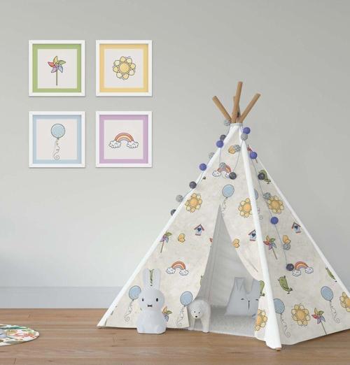 Çocuk Bebek Odası Oyun Çadırı Bulutlu Rengarenk Gökkuşağı