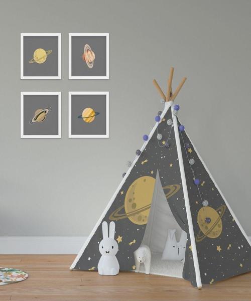 Gri Zemin, Sarı Gezegen Temalı Kızılderili Minderli Çocuk Oyun Çadırı 140x140cm