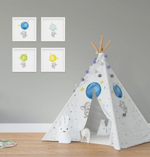 Çocuk Bebek Odası Oyun Çadırı Yıldızlı Mavi Balon Tutan Fil