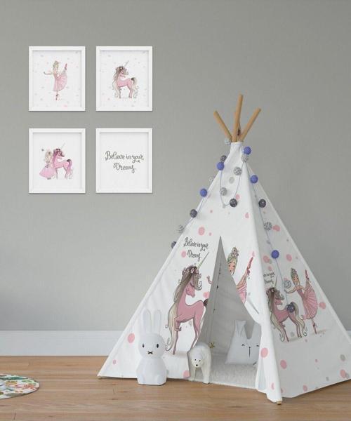 Ünicorn At Ve Bale Yapan Prenses Kızılderili Minderli Çocuk Oyun Çadırı 110x110 Cm