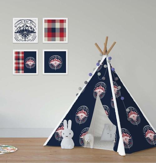 Çocuk Bebek Odası Oyun Çadırı Lacivert Zemin Pusula Dağ