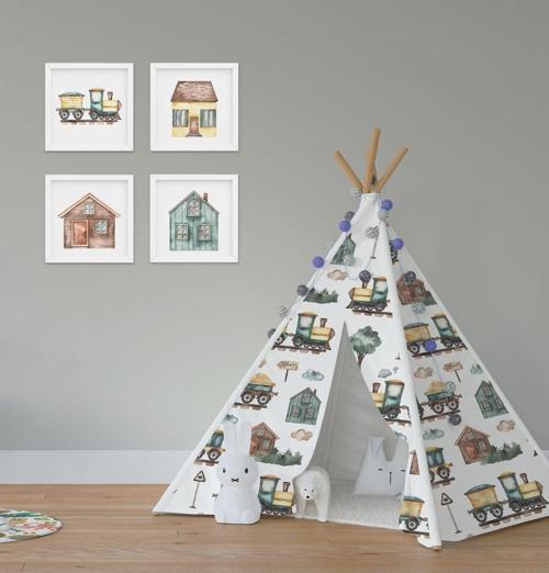 Çocuk Bebek Odası Oyun Çadırı Bulutlu Trenli Vagonlar