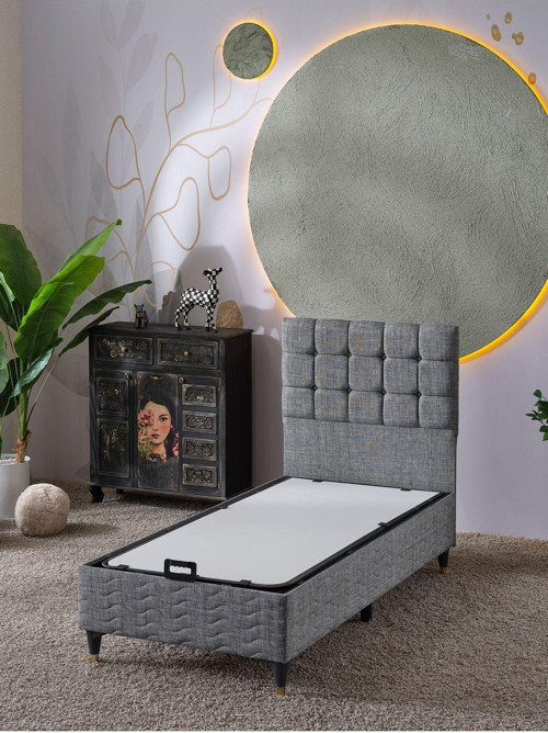 Bengü 90x190 Tek Kişilik (Baza+Başlık) 2 Li Set (Keten Gri)