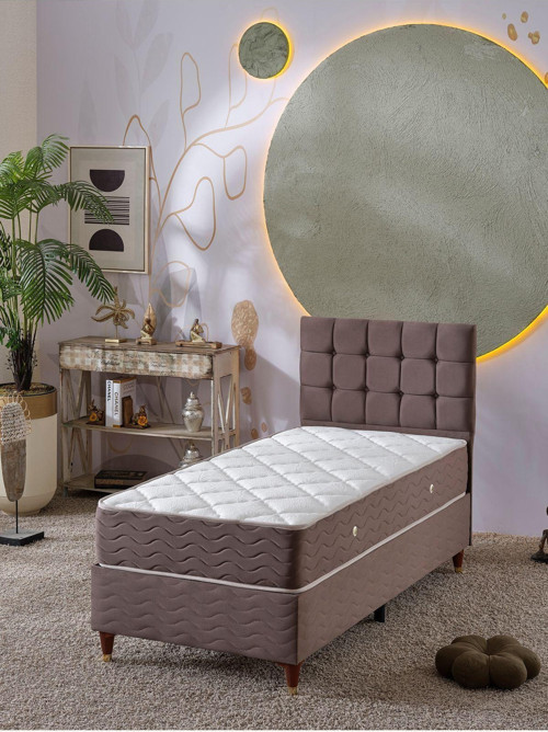 Bengü 90x190 Tek Kişilik (Baza+Başlık+Yatak) 3 Lü Set (Kahve)