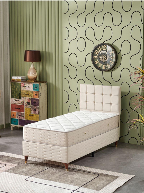 Bengü 90x190 Tek Kişilik (Baza+Başlık+Yatak) 3 Lü Set (Krem)