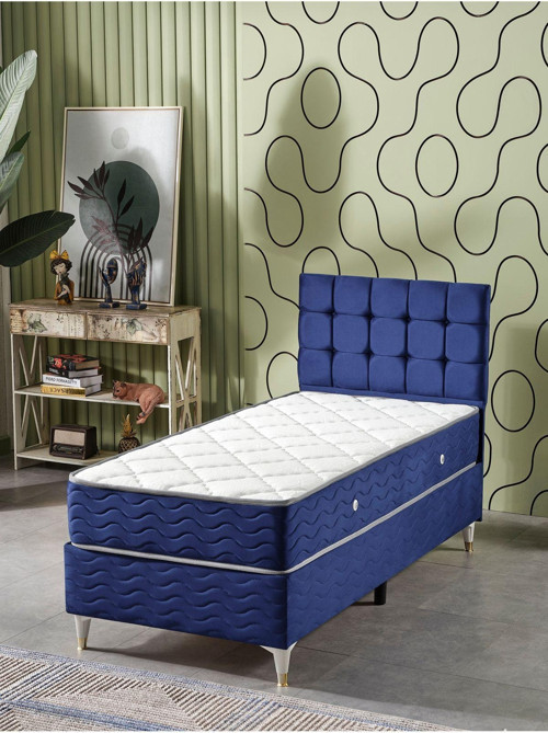 Bengü 90x190 Tek Kişilik (Baza+Başlık+Yatak) 3 Lü Set (Lacivert)