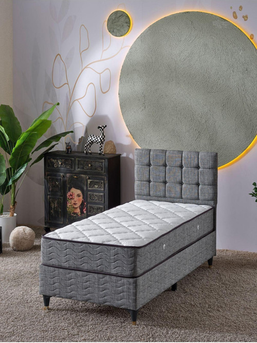 Bengü 90x190 Tek Kişilik (Baza+Başlık+Yatak) 3 Lü Set(Keten Gri)