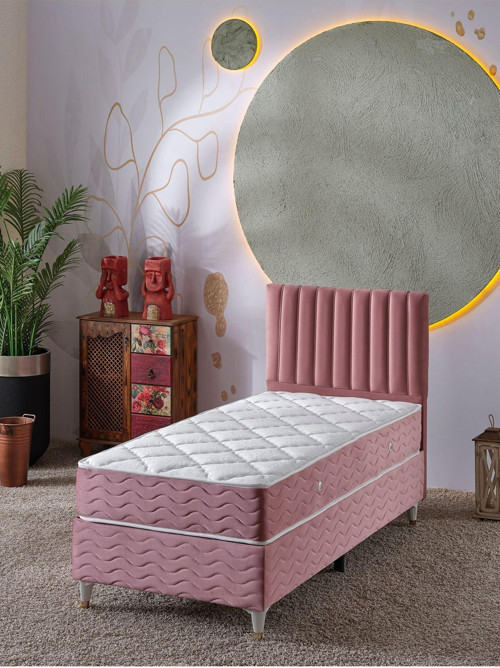 Ezgi 90x190 Tek Kişilik (Baza+Başlık+Yatak) 3 Lü Set (Pembe)