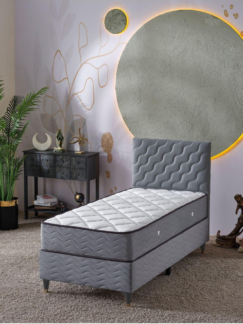 Simge 90x190 Tek Kişilik (Baza+Başlık+Yatak) 3 Lü Set (Gri)