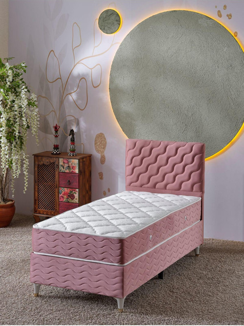 Simge 90x190 Tek Kişilik (Baza+Başlık+Yatak) 3 Lü Set (Pembe)