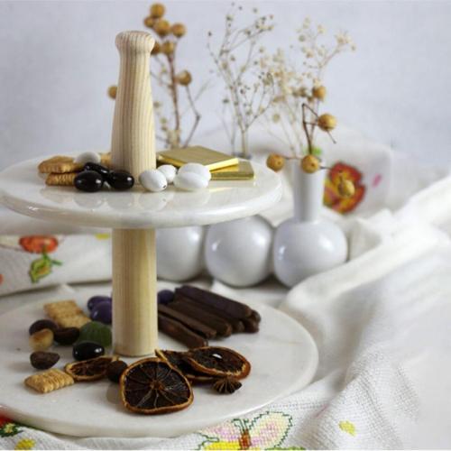 Mermer Ahşap Ayaklı Iki Katlı Sunum Tabağı