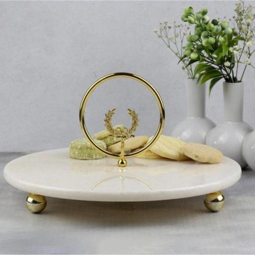 Mermer Beyaz 25 Cm Altın Boncuk Ayaklı Çember Taç Sunum Tabağı