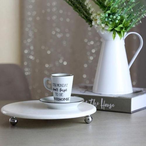 Mermer Beyaz 25 Cm Gümüş Boncuk Ayak Yuvarlak Sunumluk