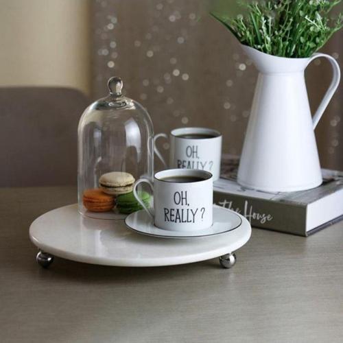 Mermer Beyaz 28 Cm Gümüş Boncuk Ayak Yuvarlak Sunumluk