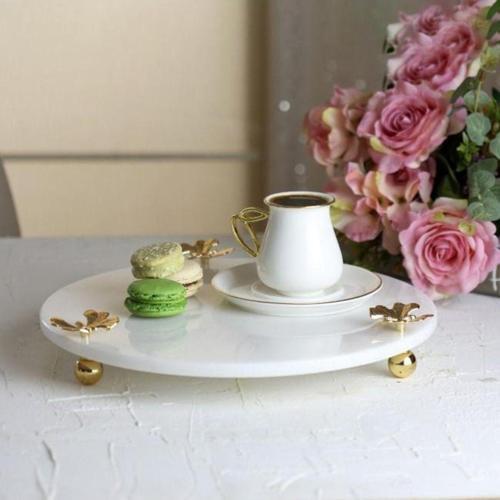 Mermer Beyaz 30 Cm Altın Ayak Kelebek Yuvarlak Sunum Tabağı