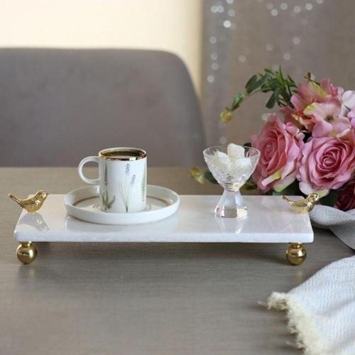 Mermer Beyaz 30X15 Cm Altın Ayak Kuş Sunum Tabağı