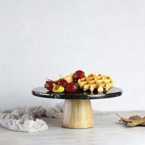 Mermer 25 Cm Konik Ahşap Ayaklı Siyah Yuvarlak Sunum Tabağı