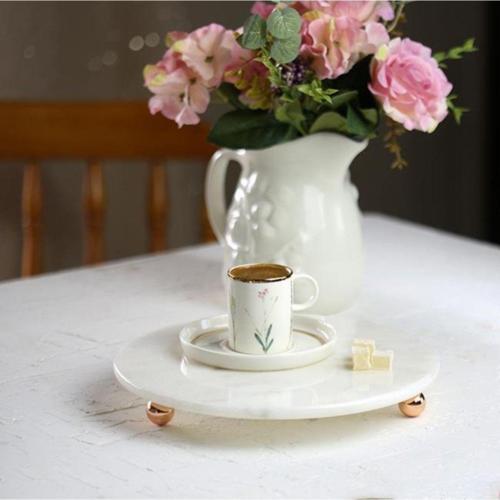 Mermer 25 Cm Rose Gold Boncuk Ayaklı Beyaz Yuvarlak Sunumluk