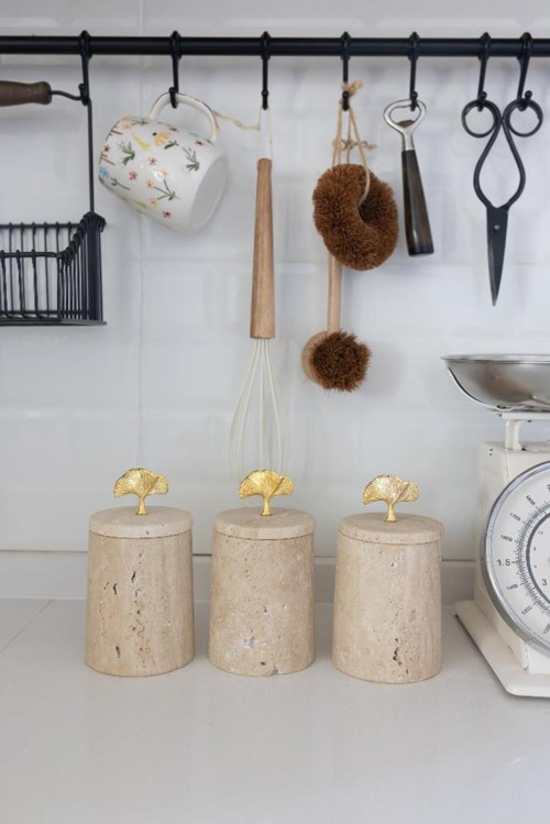 Mermer Traverten Ginkgo 3Lü Ahşap Standlı Baharatlık