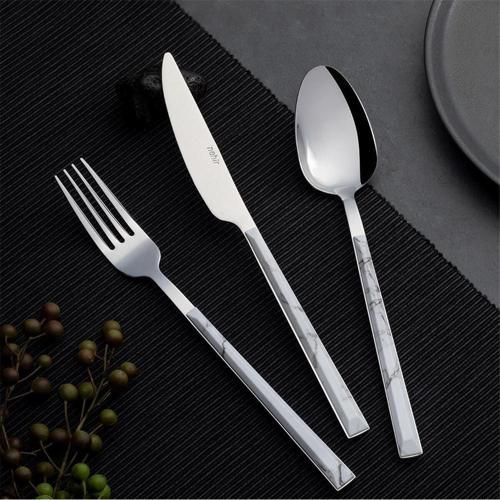 Flora Beyaz Mermer Plastik Saplı  Çatal Bıçak Takımı 36 Parça