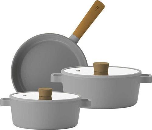 Fika Gri 5 Parça Cam Kapaklı Seramik Kaplama Döküm Tencere Seti