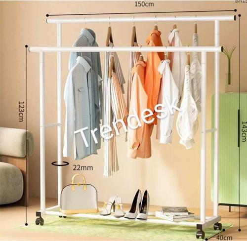 Metal Siyah Beyaz Elbise Askısı 2 Katlı Tekerlekli Askı Konfeksiyon Askısı ( Eşek Askı ) 143 cm