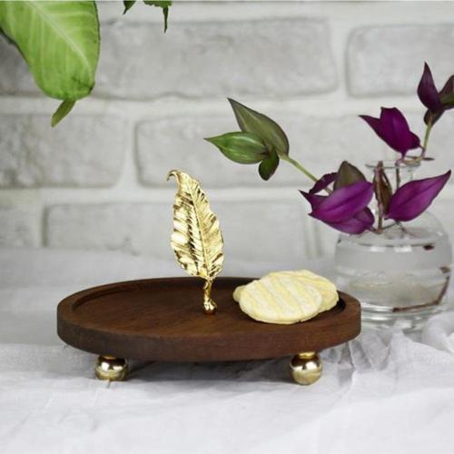 Ahşap 19 Cm Altın Boncuk Ayaklı Tüy Sunum Tabağı