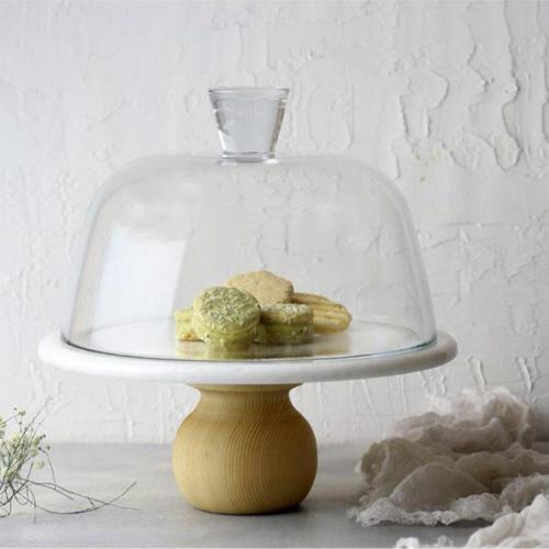 Mermer 25 Cm Ahşap Ayaklı Beyaz Cam Fanus