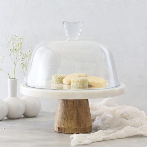 Mermer 25 Cm Ahşap Konik Ayaklı Kalın Beyaz Cam Fanus