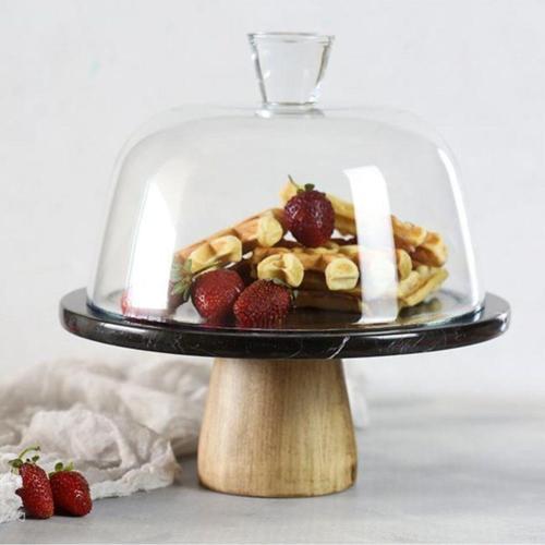 Mermer 25 Cm Ahşap Konik Ayaklı Siyah Cam Fanus