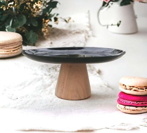Ahşap Konik Ayaklı Siyah 25 Cm Sunumluk, Kek Ve Pasta Standı Meyvelik